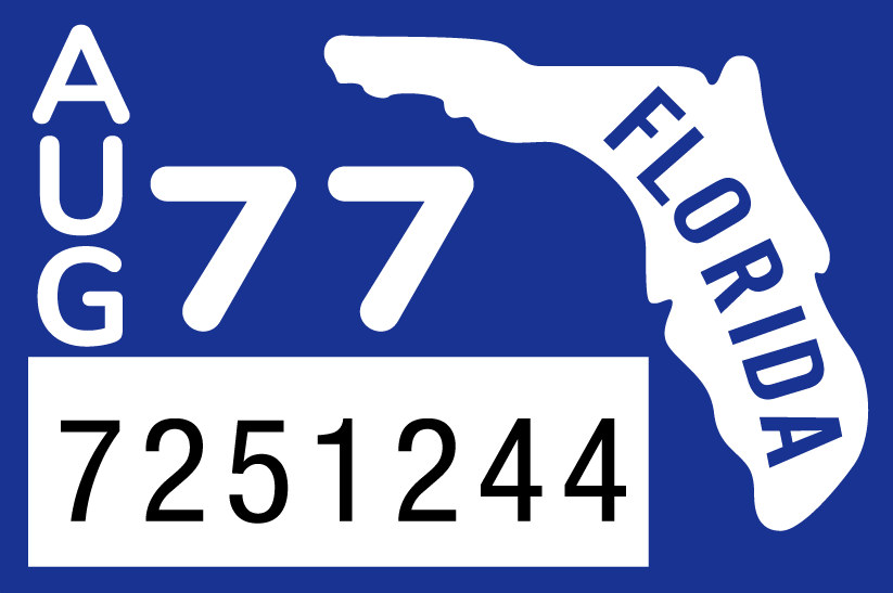 1977 August Sticker on Florida License Plate