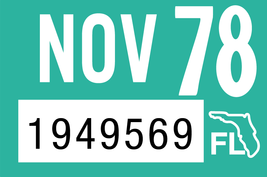 1978 November Sticker on Florida License Plate