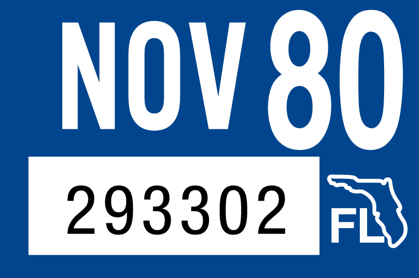 1980 November Sticker on Florida License Plate