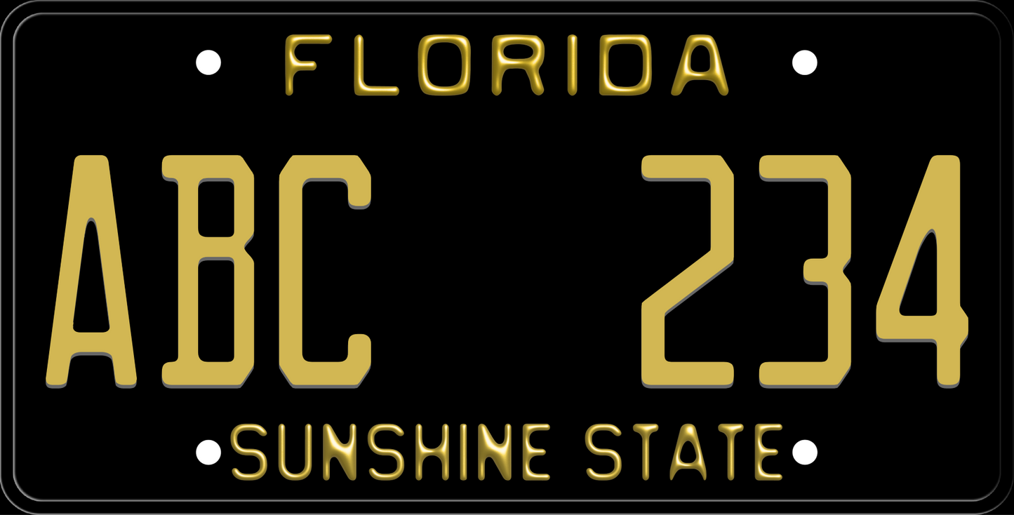 Black Florida License Plate with Gold Text - Sunshine State.