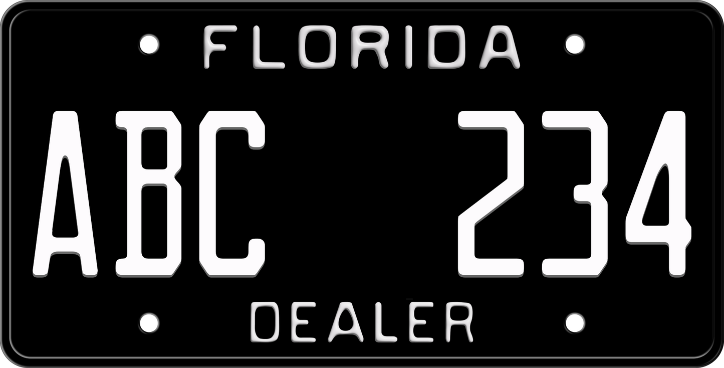 BLACK FLORIDA LICENSE PLATE WITH WHITE TEXT - DEALER 12x6