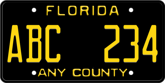 Black Florida License Plate with Yellow Text - County Name
