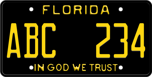 Black Florida License Plate with Yellow Text - In God We Trust