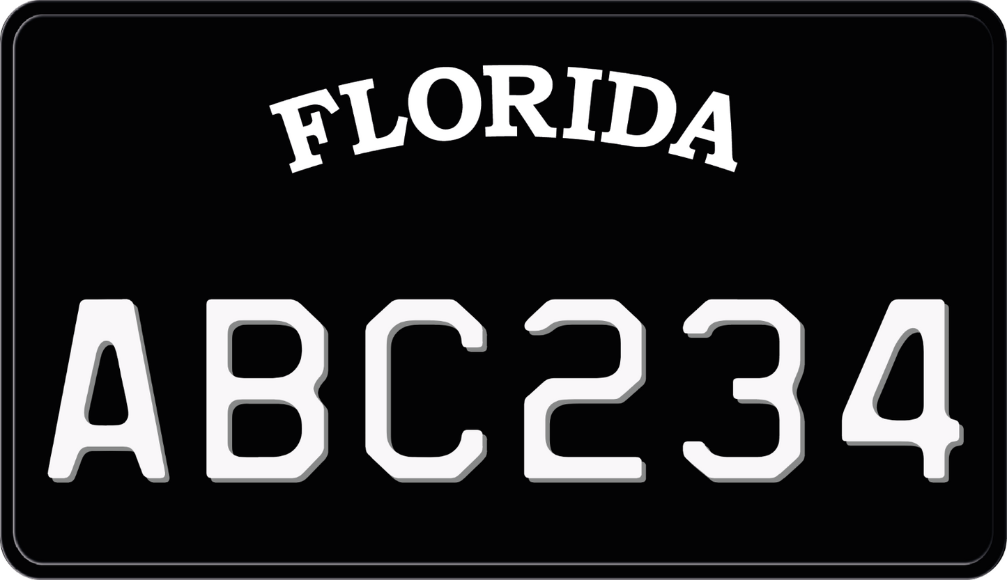 Black Florida Motorcycle License Plate with White Text