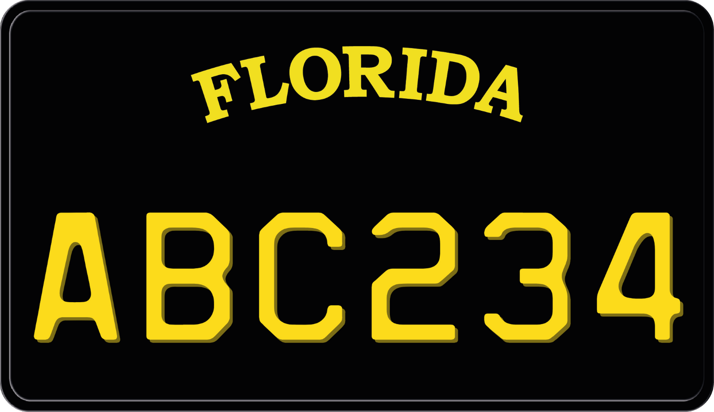 Black Florida Motorcycle License Plate with Yellow Text