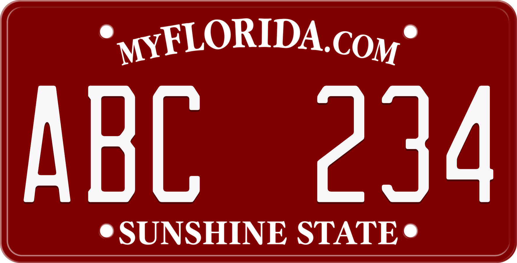 Claret Florida License Plate with white text - Sunshine State