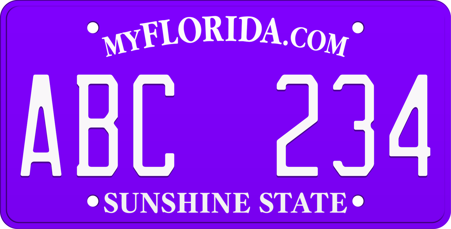 Violet Florida License Plate with white text - Sunshine State