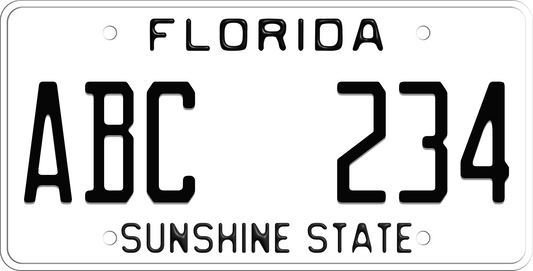 White Florida License Plate with Black Text - Sunshine State