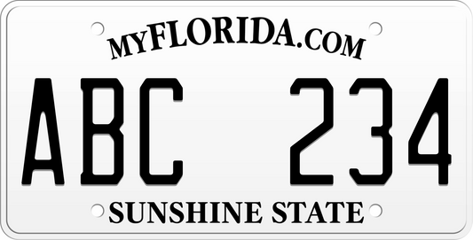 White Florida License Plate with black text - Sunshine State