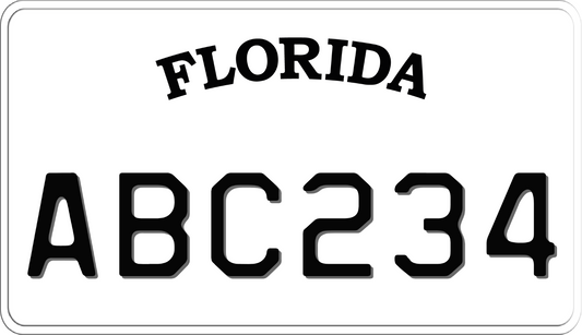 White Florida Motorcycle License Plate with White Text