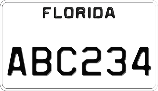 White Florida Motorcycle License Plate with White Text